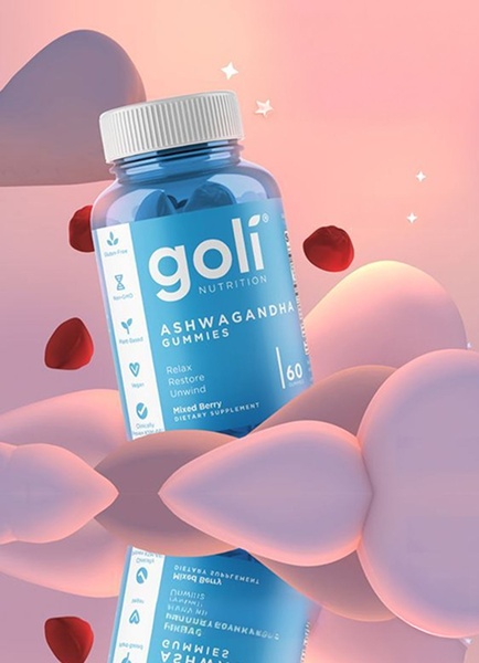 A visually calm, soft-focus product photography creative featuring Ashwagandha Gummies in a dreamy, pastel-toned environment.